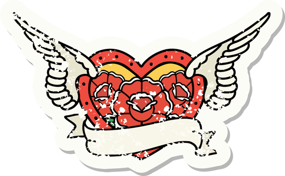 distressed sticker tattoo in traditional style of a flying heart with flowers and banner png