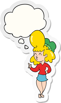 cartoon woman with big hair with thought bubble as a printed sticker png