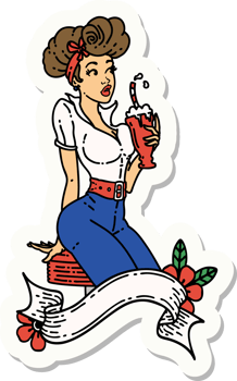 sticker of tattoo in traditional style of a pinup girl drinking a milkshake with banner png