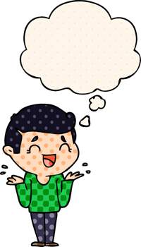 cartoon laughing confused man with thought bubble in comic book style png