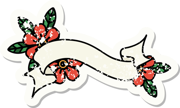 distressed sticker tattoo in traditional style of a banner and flowers png
