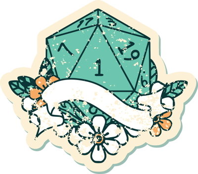 Retro Tattoo Style natural one d20 dice roll png