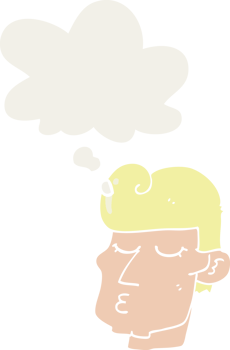 cartoon handsome man with thought bubble in retro style png