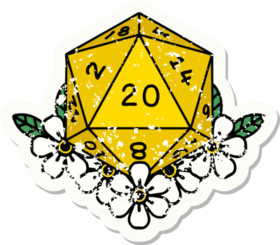 grunge sticker of a natural 20 D20 dice roll with floral elements png