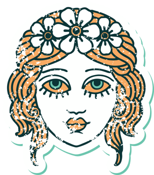 iconic distressed sticker tattoo style image of female face with crown of flowers png