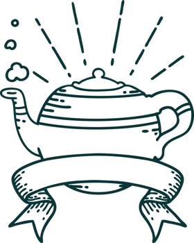 scroll banner with tattoo style steaming teapot png