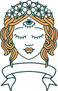 traditional tattoo with banner of female face with third eye and crown of flowers png