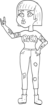 hand drawn black and white cartoon rock girl png