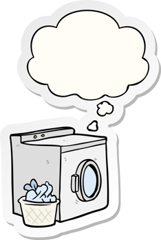 cartoon washing machine with thought bubble as a printed sticker png