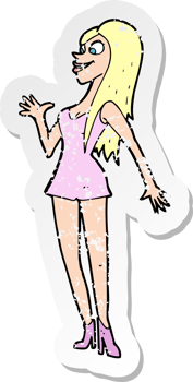 retro distressed sticker of a cartoon woman in pink dress drawing png