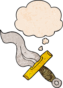 cartoon dagger with thought bubble in grunge texture style png