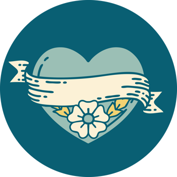 iconic tattoo style image of a heart and banner with flowers png