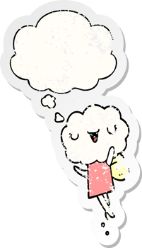 cute cartoon cloud head creature with thought bubble as a distressed worn sticker png