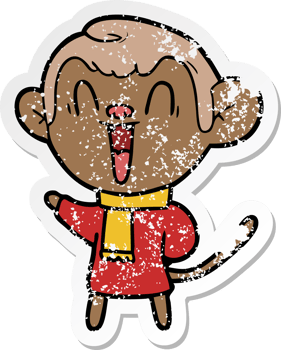 distressed sticker of a cartoon laughing monkey png