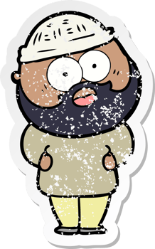 distressed sticker of a cartoon surprised bearded man png