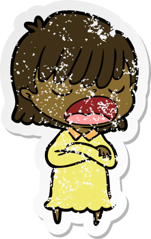 distressed sticker of a cartoon woman talking loudly png