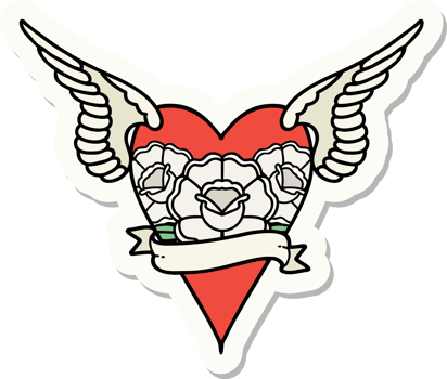 sticker of tattoo in traditional style of a flying heart with flowers and banner png