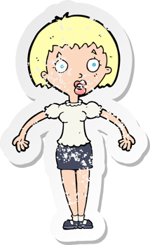 retro distressed sticker of a cartoon confused woman shrugging shoulders png