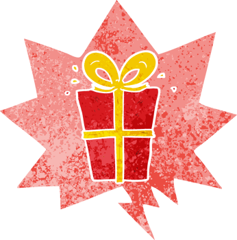 cartoon wrapped gift with speech bubble in grunge distressed retro textured style png