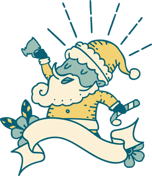 scroll banner with tattoo style santa claus christmas character celebrating png