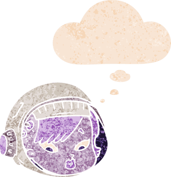 cartoon astronaut face with thought bubble in grunge distressed retro textured style png