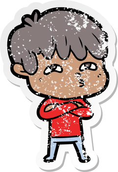 distressed sticker of a cartoon curious man png