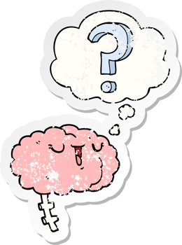 cartoon curious brain with thought bubble as a distressed worn sticker png
