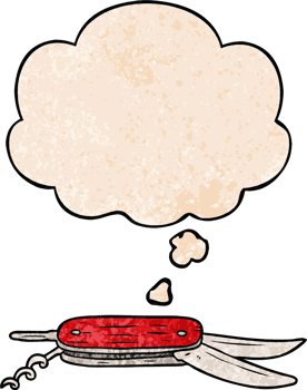 cartoon pocket knife with thought bubble in grunge texture style png