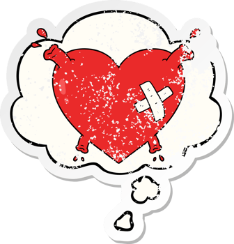 cartoon heart squirting blood with thought bubble as a distressed worn sticker png