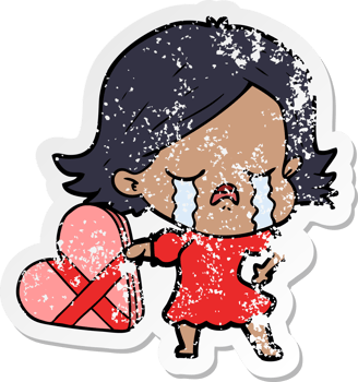distressed sticker of a cartoon girl crying over valentines png