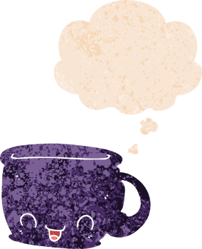 cartoon cup of coffee with thought bubble in grunge distressed retro textured style png
