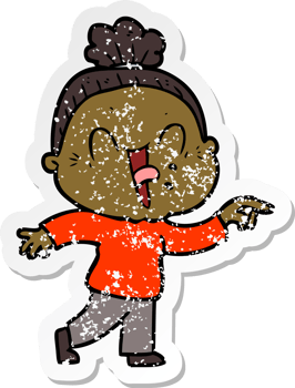 distressed sticker of a cartoon happy old woman png