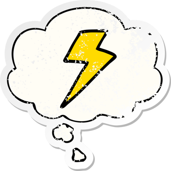 cartoon lightning bolt with thought bubble as a distressed worn sticker png