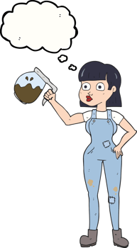 drawn thought bubble cartoon woman in dungarees with coffee png