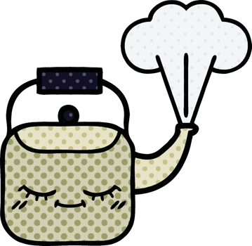 comic book style cartoon of a steaming kettle png