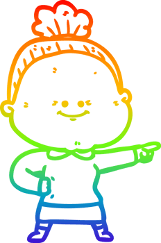rainbow gradient line drawing of a cartoon happy old woman png