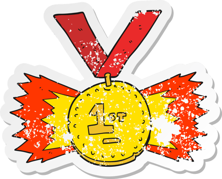 retro distressed sticker of a cartoon first place medal png