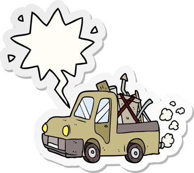 cartoon old truck full of junk with speech bubble sticker png