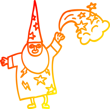 warm gradient line drawing of a cartoon wizard casting spell png