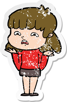 distressed sticker of a cartoon worried woman png