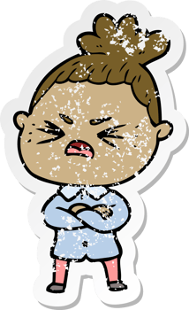 distressed sticker of a cartoon angry woman png