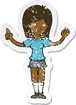 retro distressed sticker of a cartoon woman explaining idea png
