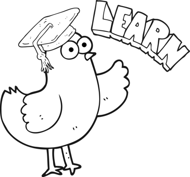 drawn black and white cartoon bird with learn text png