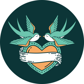 iconic tattoo style image of swallows and a heart with banner png