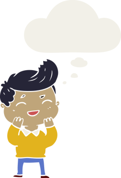 cartoon man laughing with thought bubble in retro style png