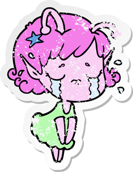 distressed sticker of a cartoon crying alien girl png