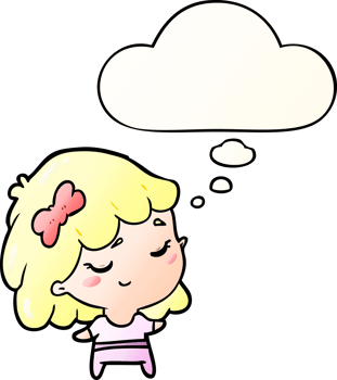 cartoon happy girl with thought bubble in smooth gradient style png