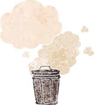 cartoon stinky garbage can with thought bubble in grunge distressed retro textured style png