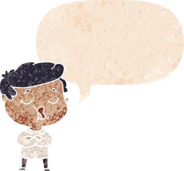 cartoon man talking with speech bubble in grunge distressed retro textured style png