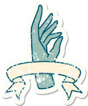 worn old sticker with banner of a hand png